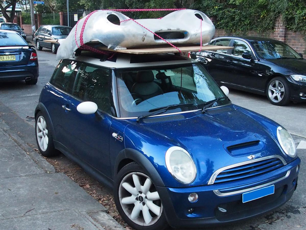 Mini with Eleven on roof