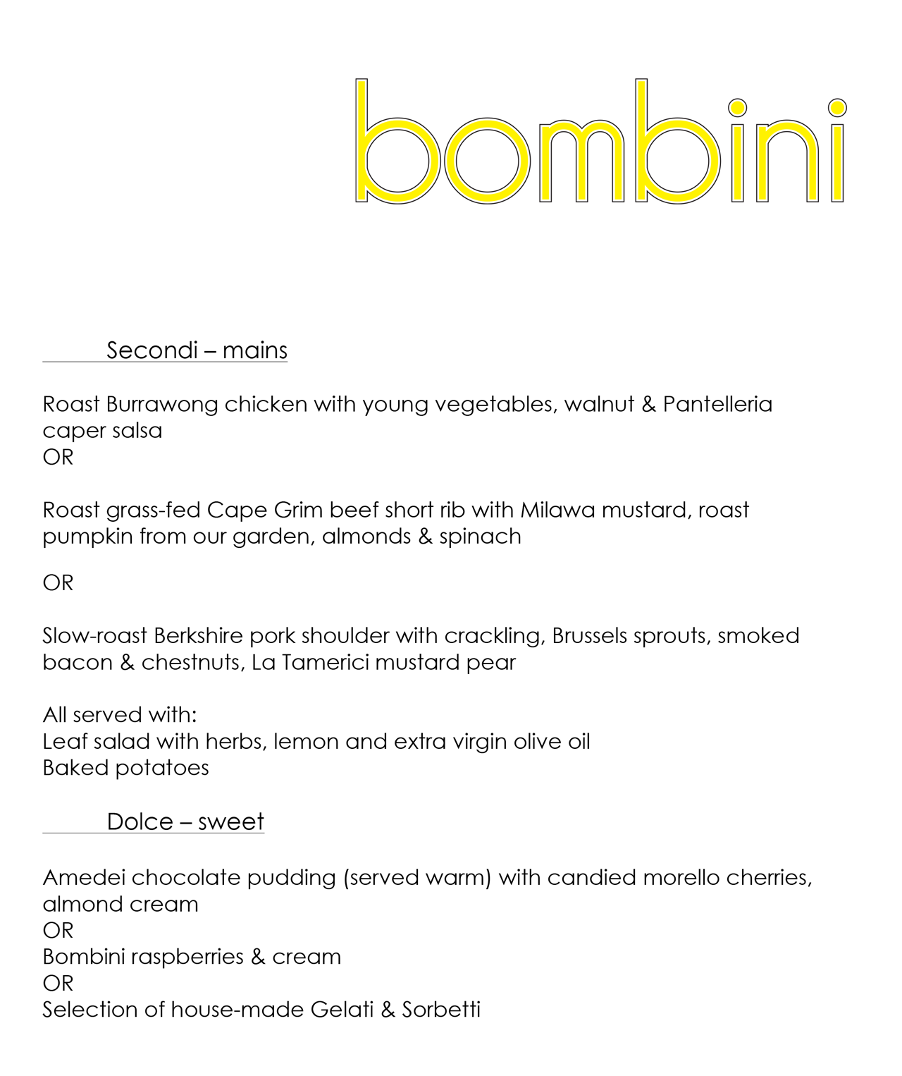 Bombini Christmas Menu