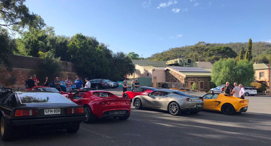 The cars gather for the February run under blue SA skies