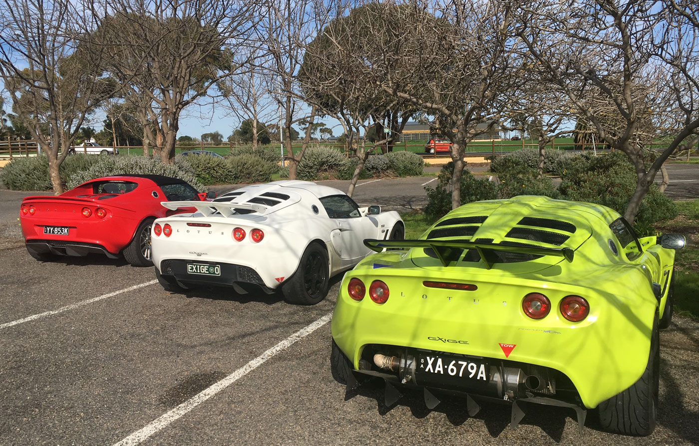 Three supercharged Lotus in the sunshine of McLaren Vale